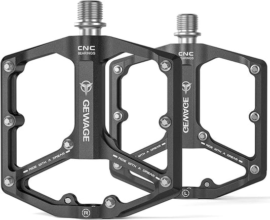 Road/Mountain Bike Pedals - 3 Bearings Bicycle Pedals - 9/16” CNC Machined Flat Pedals with Removable Anti-Skid Nails