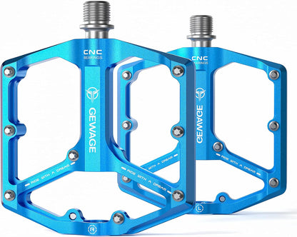 Road/Mountain Bike Pedals - 3 Bearings Bicycle Pedals - 9/16” CNC Machined Flat Pedals with Removable Anti-Skid Nails