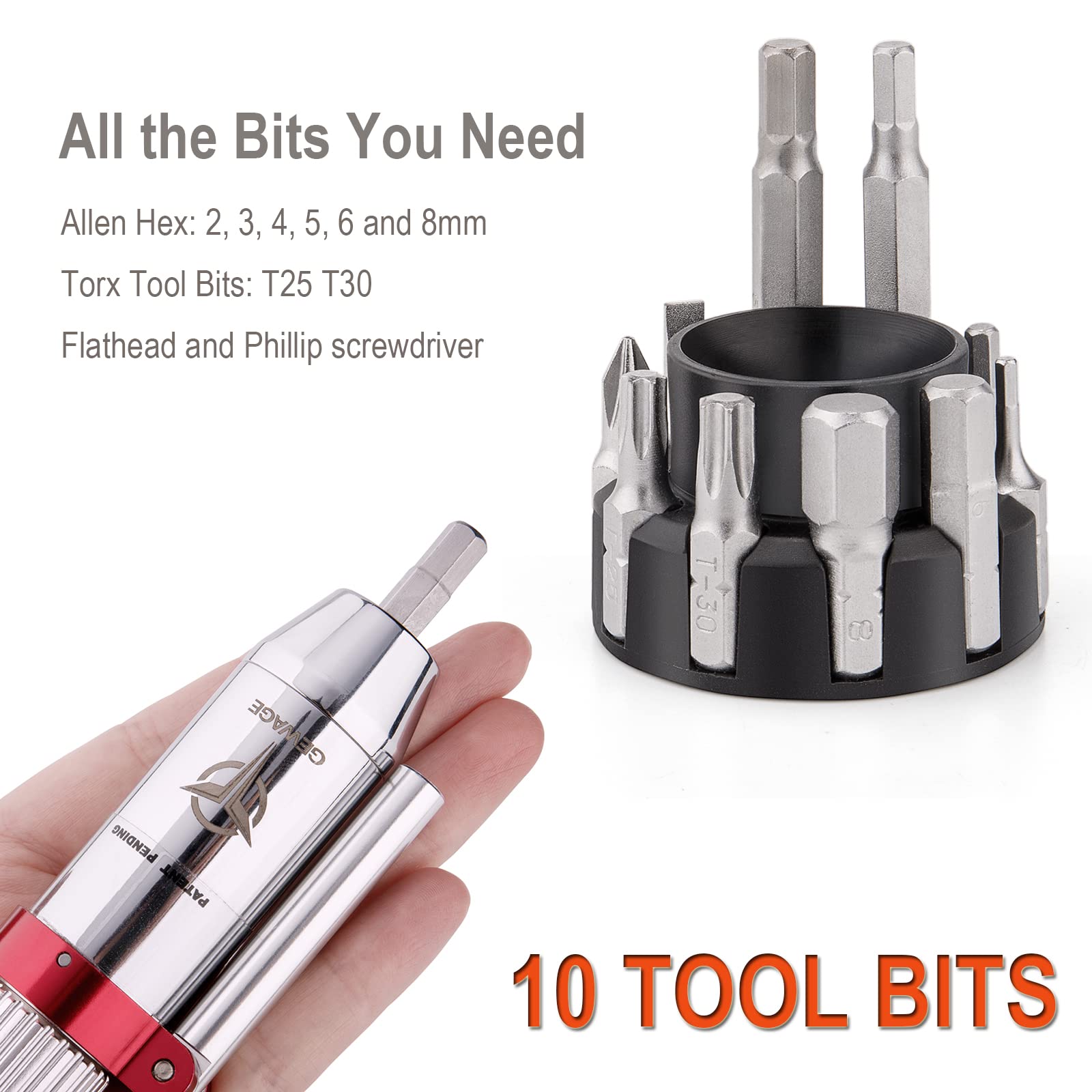 GEWAGE T Handle Bike Torque Wrench Adjustable 3-10 Nm Includes 2, 3, 4, 5, and 8mm Allen Wrenches, T25 T30 Torx 1/4 Inch Hex Driver Torque