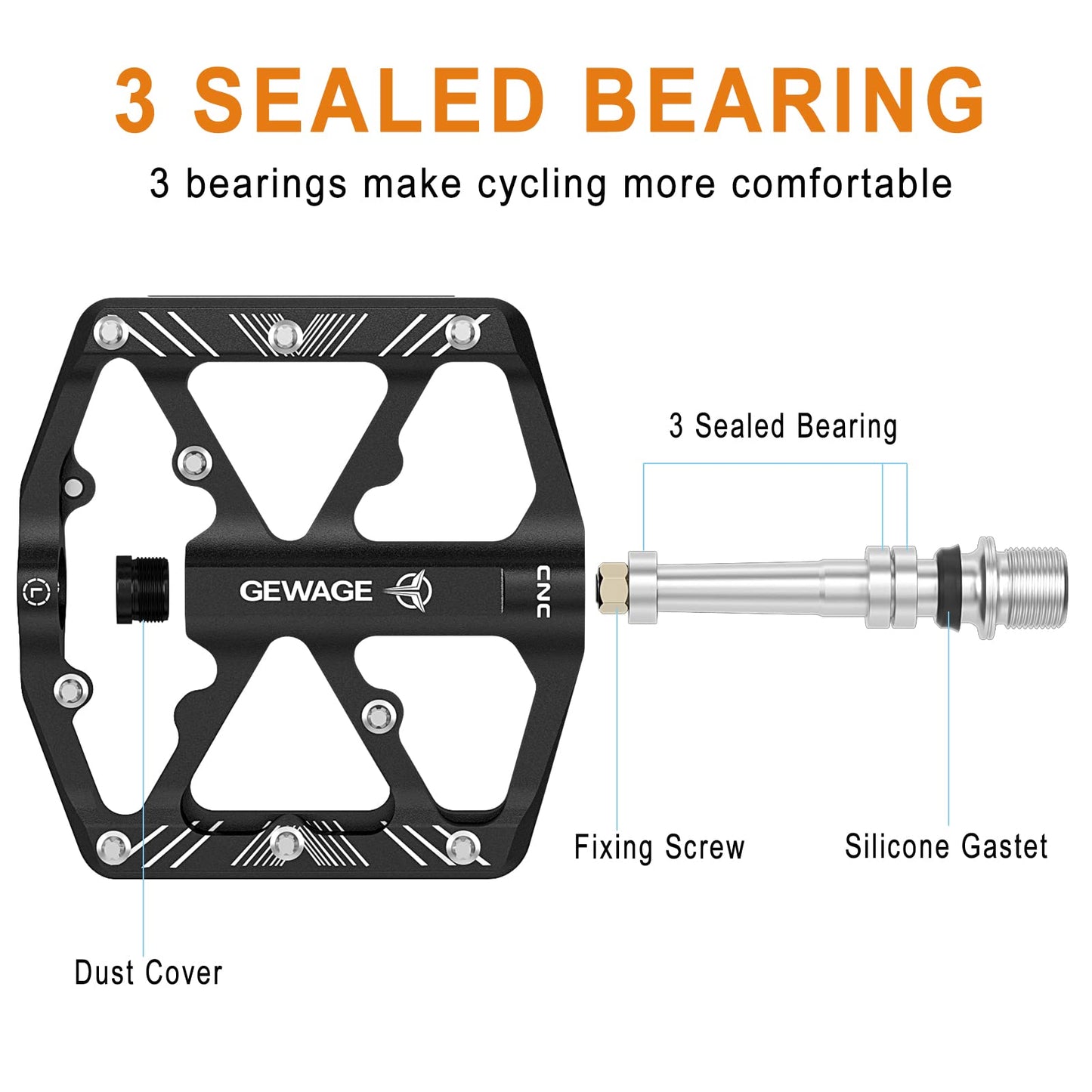 Bike Pedals 9/16 Inch - Bicycle Pedals with Reflectors - 3 Sealed Bearings MTB Pedals Wide Platform Pedals for Mountain Bike, BMX, Road Bike Pedals