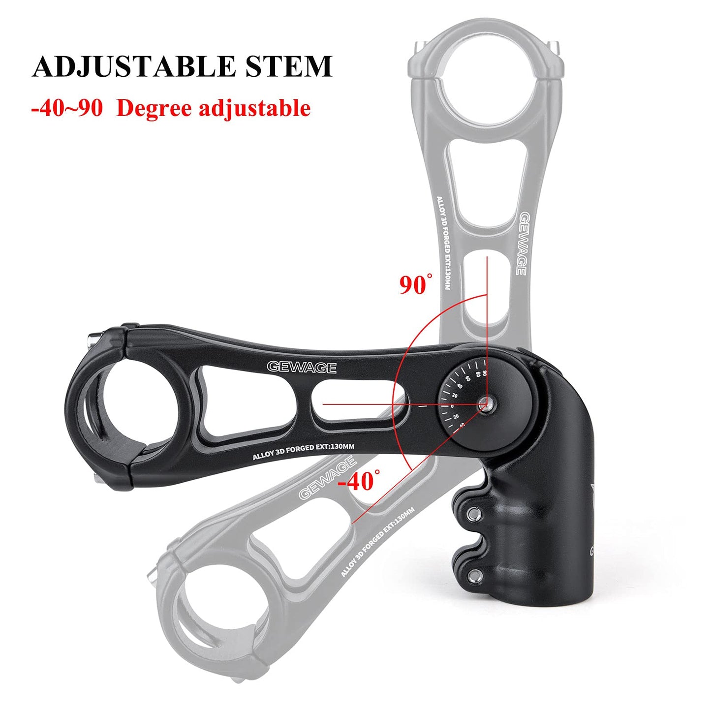 GEWAGE Bike Stem - 130 Degree Adjustable Bicycle Stem- 75mm 90mm 130mm Handlebar Stem Riser for 31.8(1-1/4") Handlebars, Suitable for Most of Mountain Bike, Road Bike, BMX