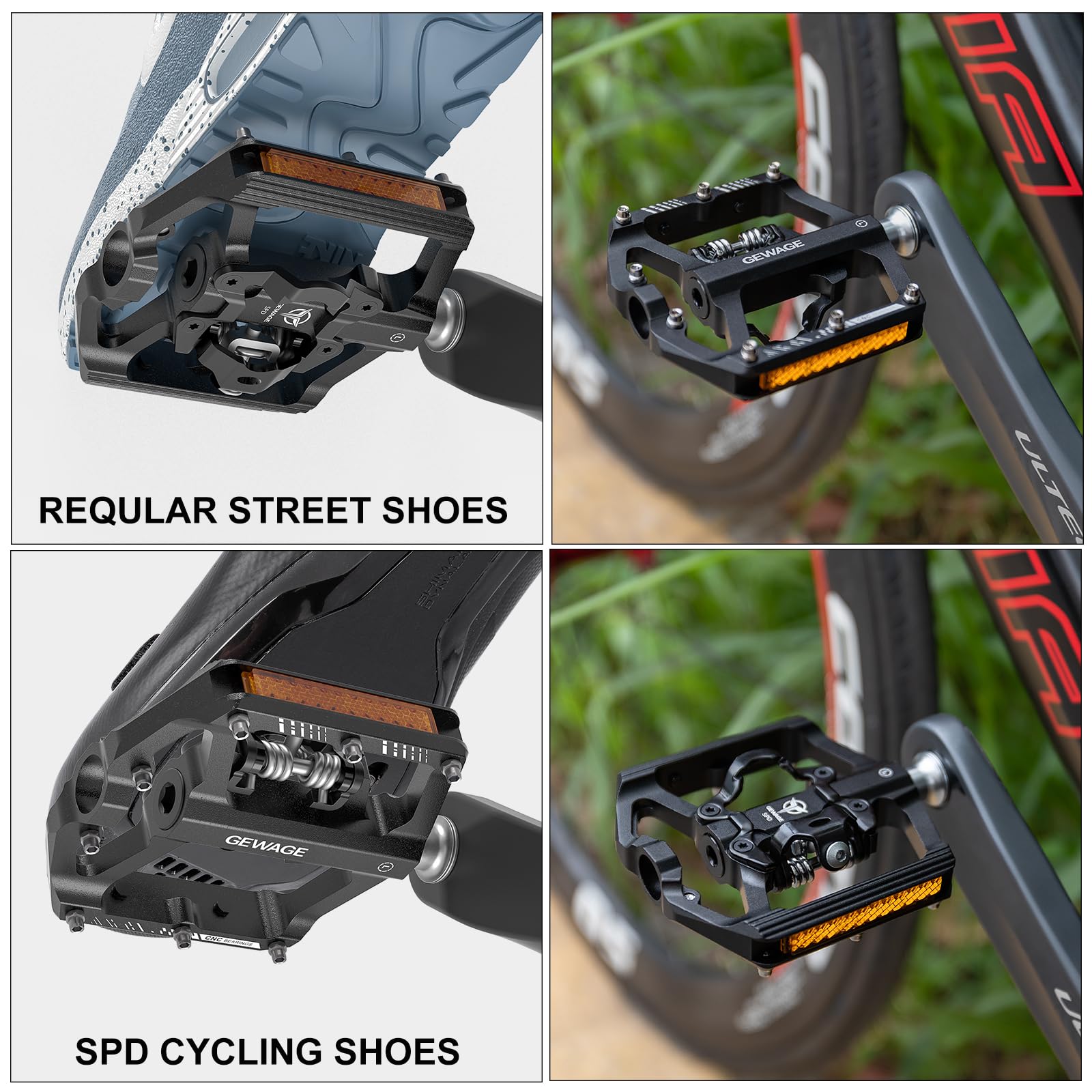 GEWAGE Mountainbike-pedalen met reflector, 9/16 inch platform en klikpedalen, compatibel met SPD, fietsplatform, bergpedalen met 3 afgedichte lagers GEWAGE Mountainbike-pedalen met reflector, 9/16 inch platform en klikpedalen, compatibel met SPD, fietsplatform, bergpedalen met 3 afgedichte lagers