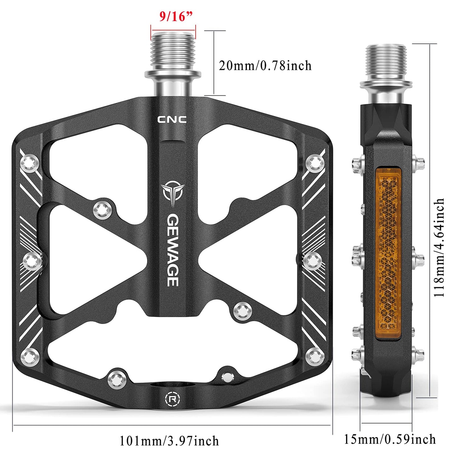 Bike Pedals 9/16 Inch - Bicycle Pedals with Reflectors - 3 Sealed Bearings MTB Pedals Wide Platform Pedals for Mountain Bike, BMX, Road Bike Pedals