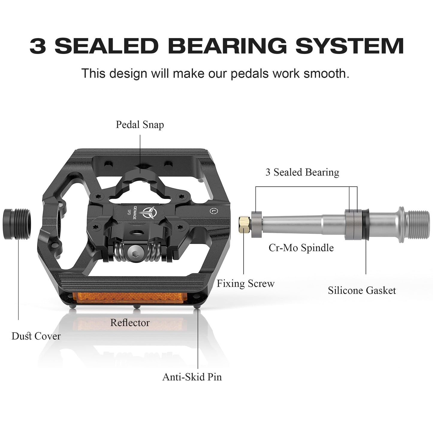 Mountain Bike Pedals with Reflector- Dual Function Plat & Clipless Pedals, Bicycle Pedal 9/16”Compatible with SPD - 3 Sealed Bearings Bicycle Platform Mountain Pedals