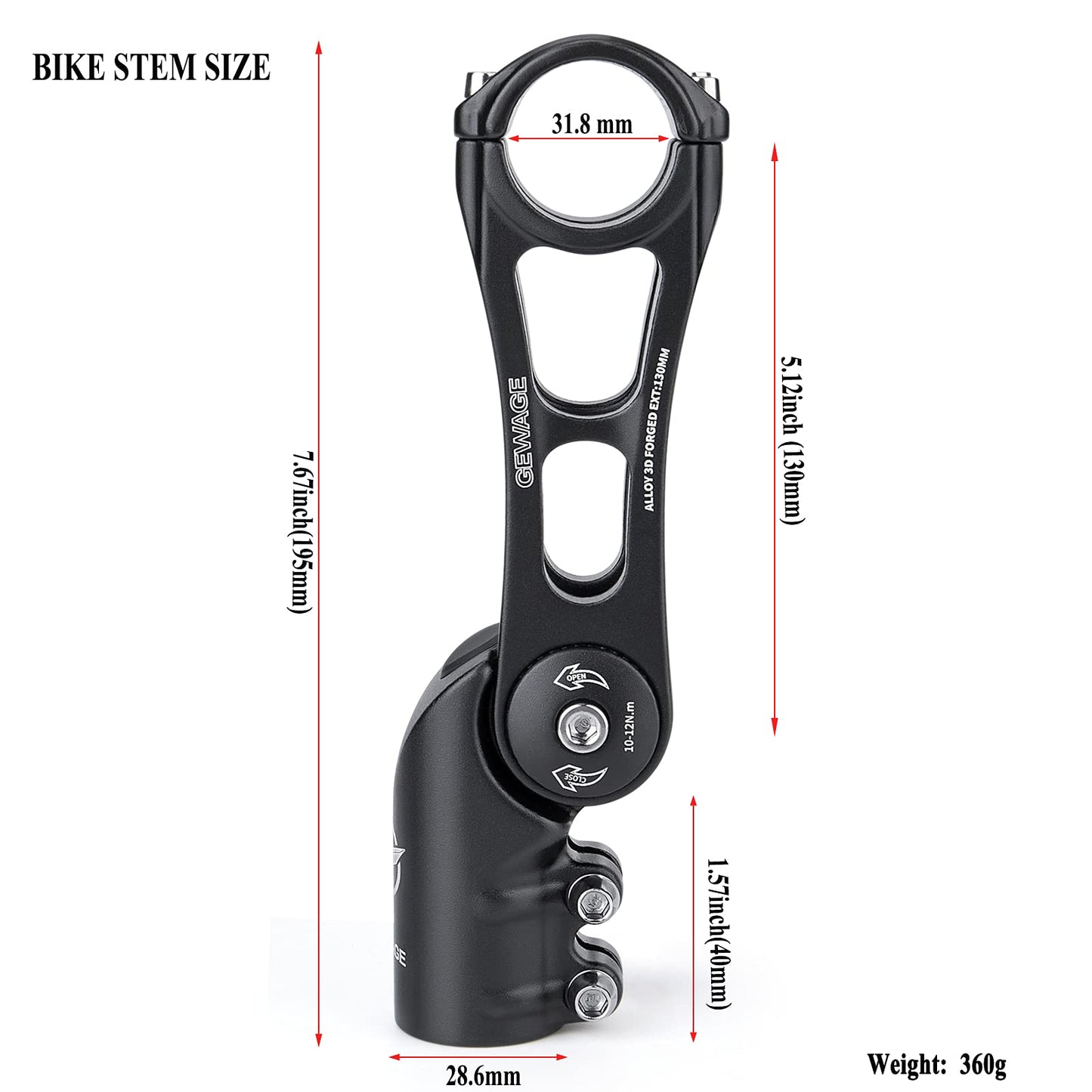 GEWAGE Bike Stem - 130 Degree Adjustable Bicycle Stem- 75mm 90mm 130mm Handlebar Stem Riser for 31.8(1-1/4") Handlebars, Suitable for Most of Mountain Bike, Road Bike, BMX