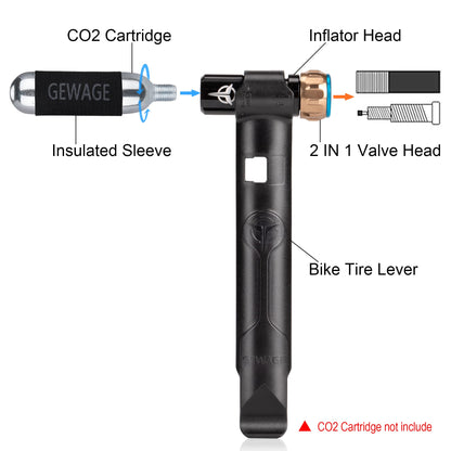 CO2 Inflator with 5 X 16g Cartridges - CO2 Inflator Lever for Bike Tires, Presta & Schrader Valve Compatible - CO2 Bike Tire Pump for Mountain and Road Bikes, Insulated Sleeve Included