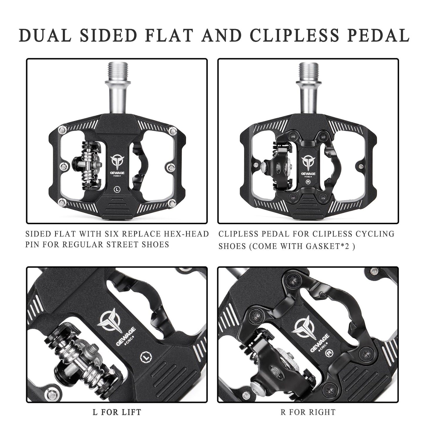 Mountain Bike Pedals - Dual Function Flat and Clipless Pedal - 3 Sealed Bearing Platform Pedals Compatible with SPD, Bicycle Pedals for BMX Spin Exercise Peloton Trekking Bike