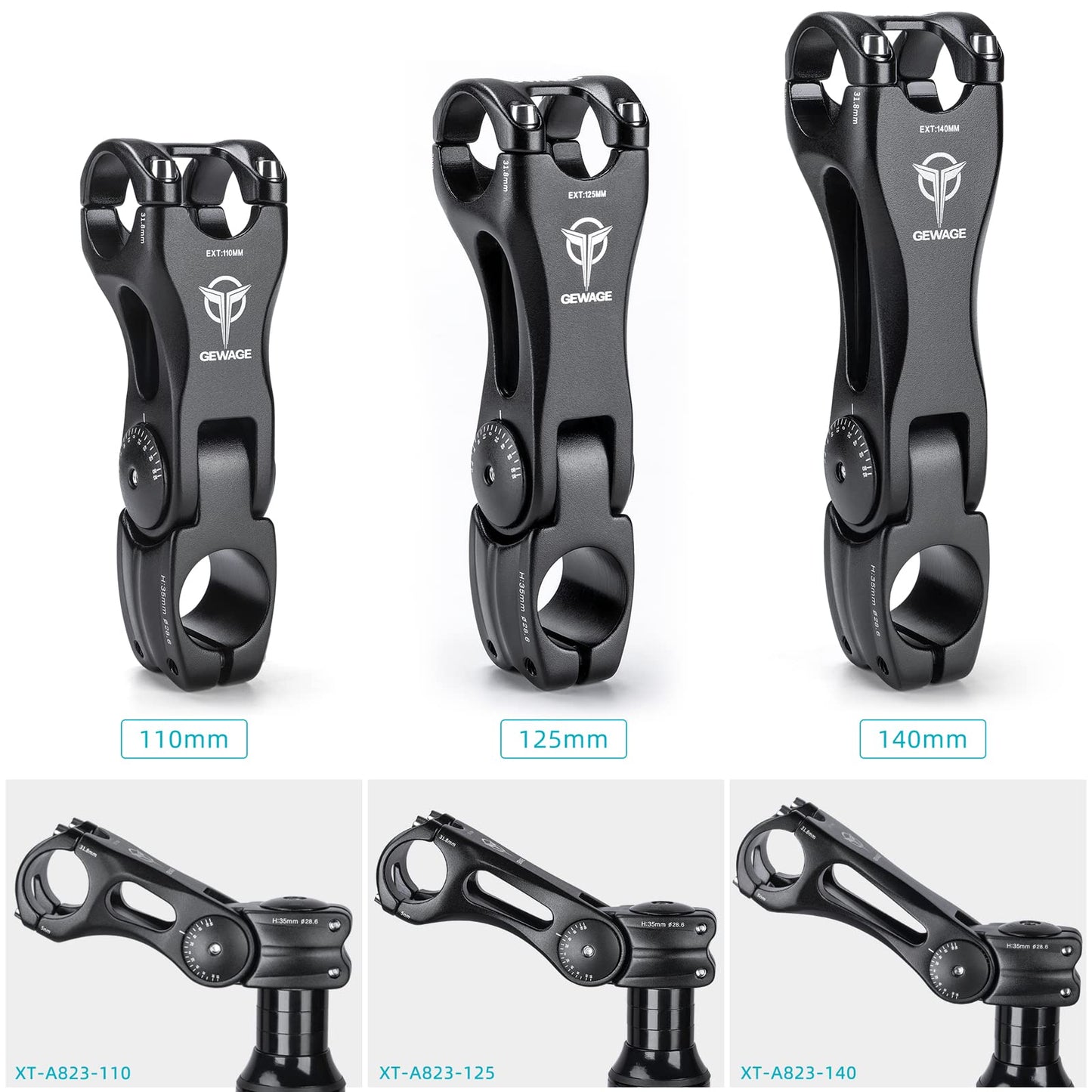 Bike Bicycle Stem - -75 ~ + 50 Degree Adjustable bike Stem- 90/110/145mm Bike Stem Riser For 31.8(1-1/4") Handlebars- Aluminum Alloy Mountain Bike Handlebar Riser Extender For Mountain Road City Bike